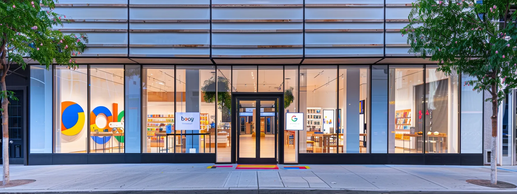 a bright, modern storefront with a prominent google business profile sticker displayed in the window.