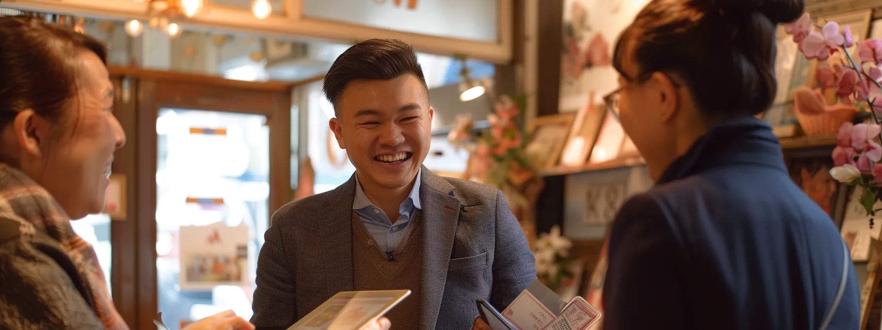 a business owner smiling and engaging with a satisfied customer who is leaving a glowing review on a tablet, while another customer looks on happily in the background.