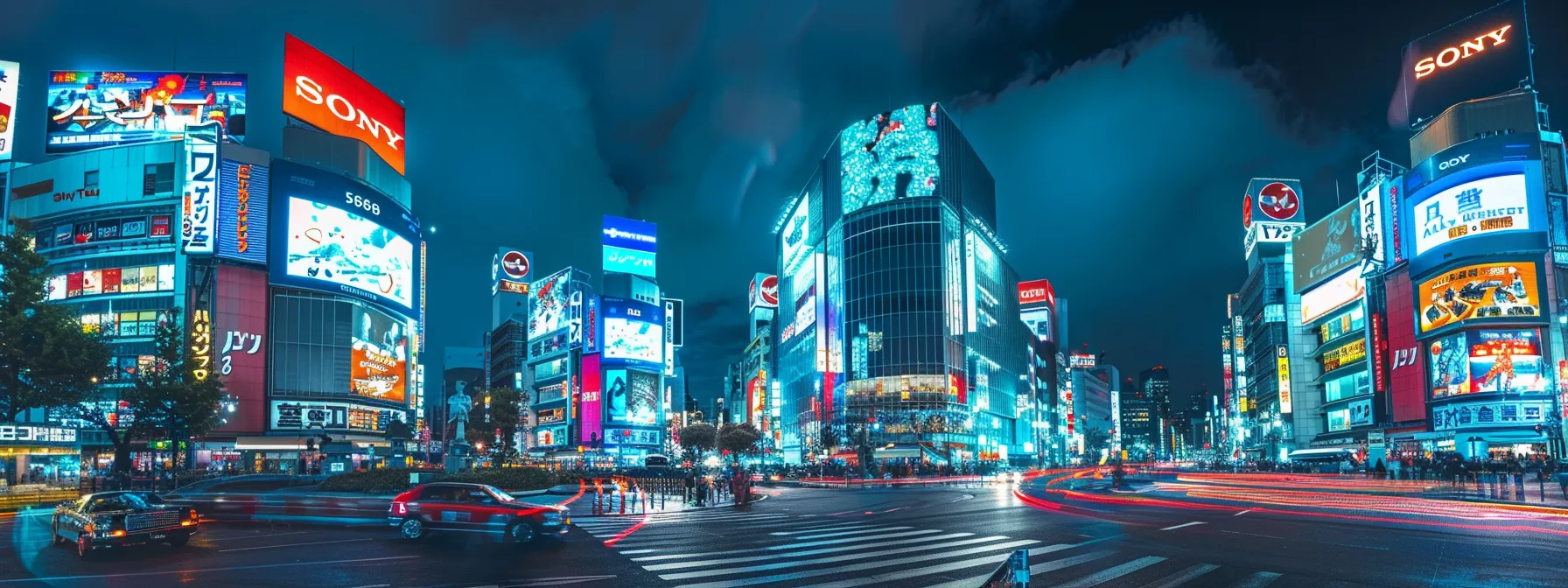 a futuristic cityscape with glowing neon lights and digital billboards hinting at the future of digital marketing.