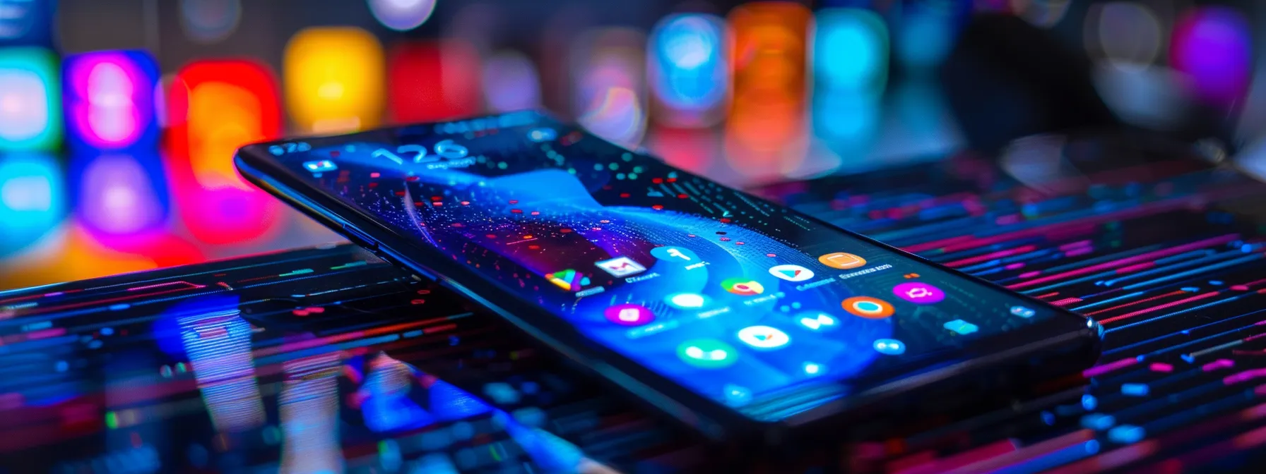 a futuristic, sleek smartphone displaying a cutting-edge mobile app interface against a backdrop of digital code and vibrant colours.