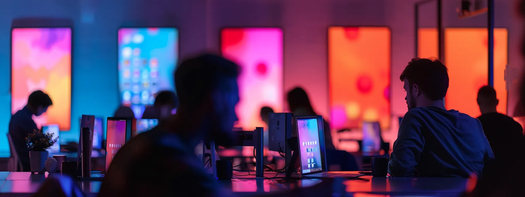 a team of developers meticulously testing a mobile app on multiple devices, with colourful beta testing screens illuminating the room.