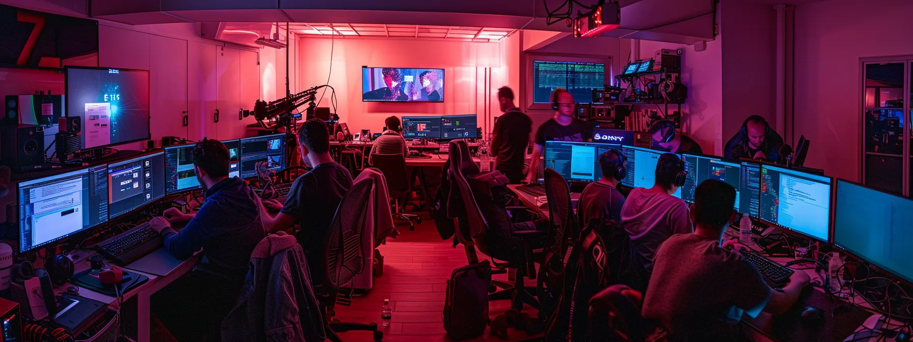 a team of focused developers surrounded by screens and coding equipment, collaborating on a cutting-edge mobile app.