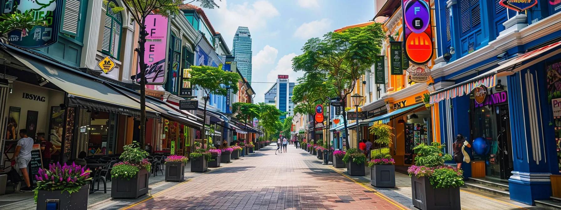 a bustling city street with vibrant storefronts showcasing signs for "local seo services."