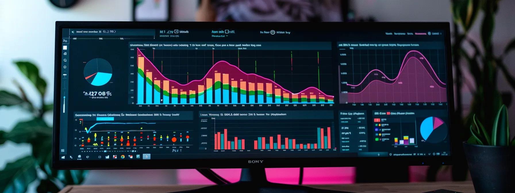 a computer screen displaying a website analytics dashboard with colorful charts and graphs, showcasing the results of implemented seo strategies.