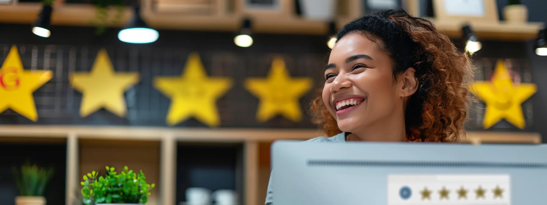 a business owner smiling while typing a response to a positive google review on a computer screen, surrounded by glowing customer feedback.