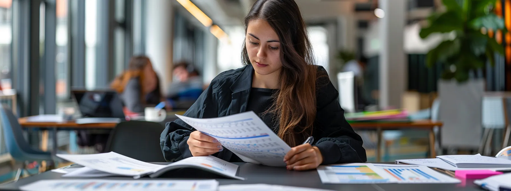 a focused marketer studying detailed demographic and interest data charts, surrounded by competitor analysis reports, in a bright, modern office space.