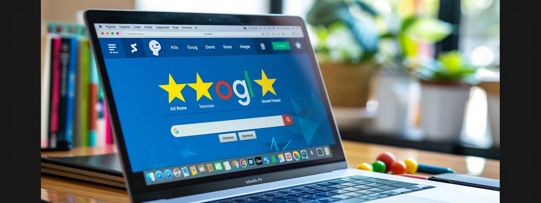 a laptop screen displaying a website with a grid of colorful google review widgets, showcasing glowing testimonials and star ratings.