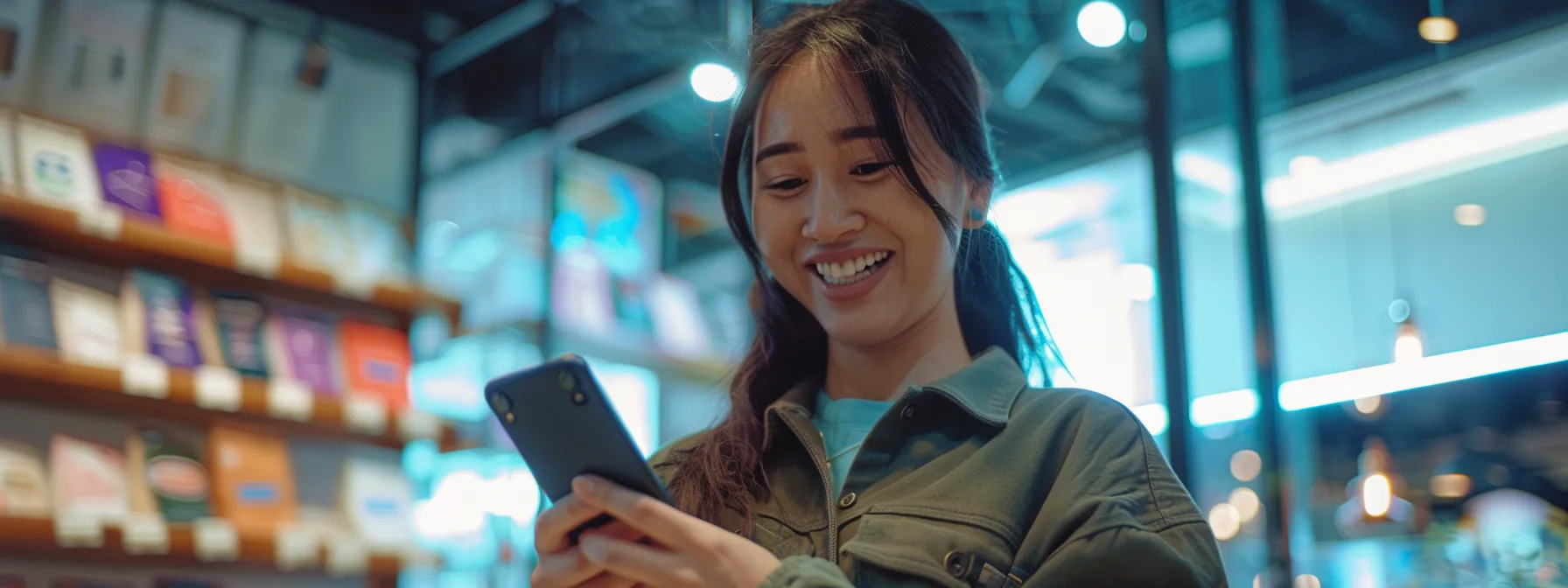 a smiling customer holding a smartphone while leaving a glowing google review at a checkout counter.