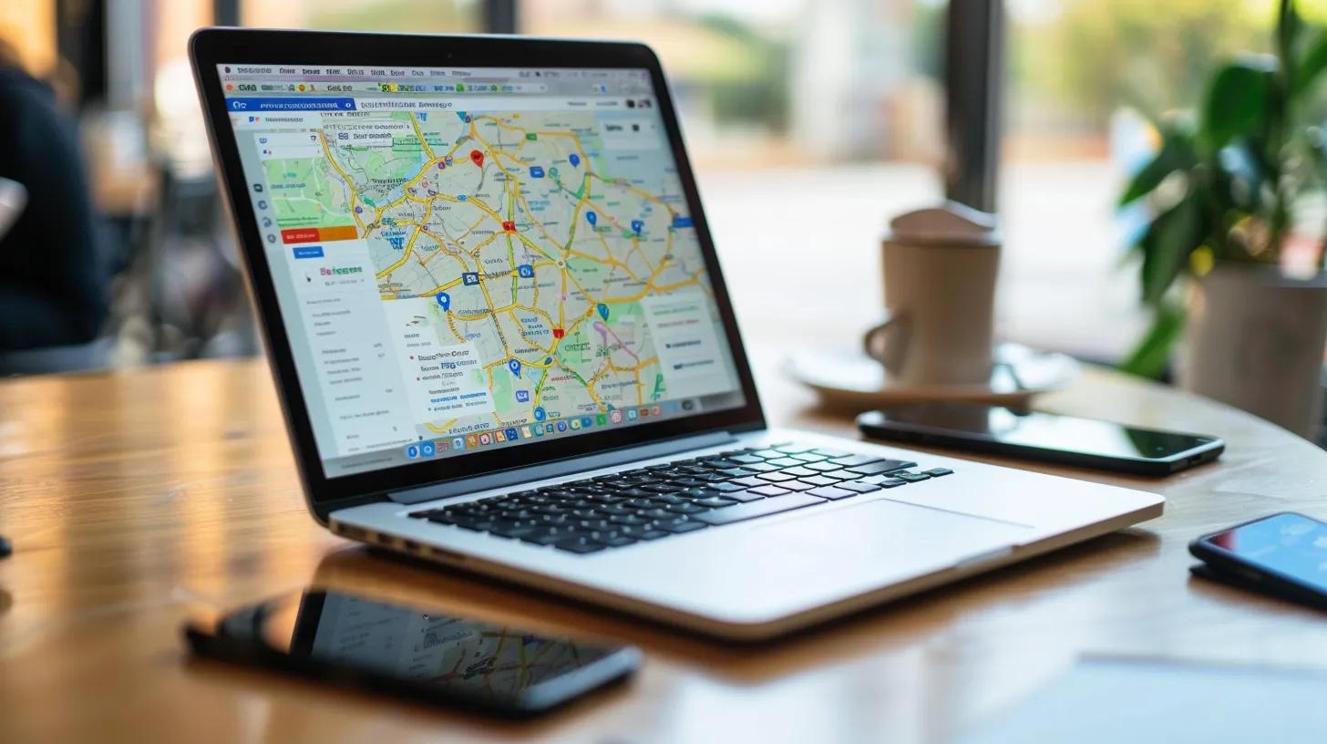 a laptop displaying a website with optimized local keywords, surrounded by mobile devices showing local search results, symbolizing effective local seo strategies for success.