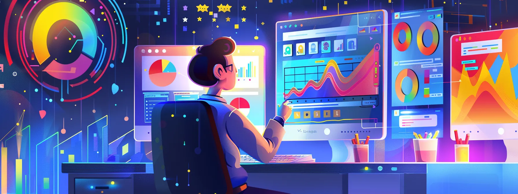 an individual sitting at a computer, surrounded by colorful graphs and keyword research tools, carefully selecting long-tail keywords for a google adwords campaign.