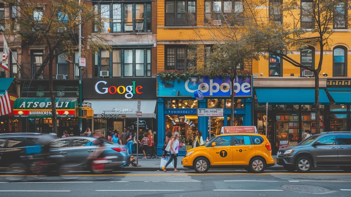 a bustling street corner with vibrant storefronts and prominent google business signs, showcasing the power of local seo in enhancing online visibility for small businesses.