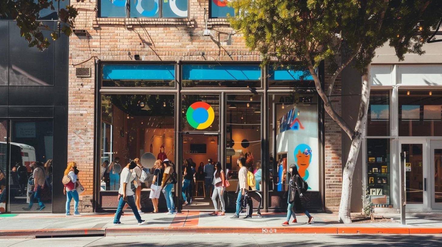 a vibrant storefront with a bustling crowd, showcasing a fully optimized google my business profile attracting local customers.