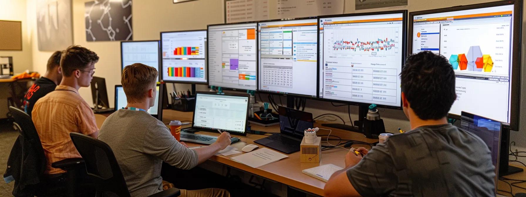 a marketing team analyzing data analytics on multiple screens to refine their strategies and drive higher conversions.