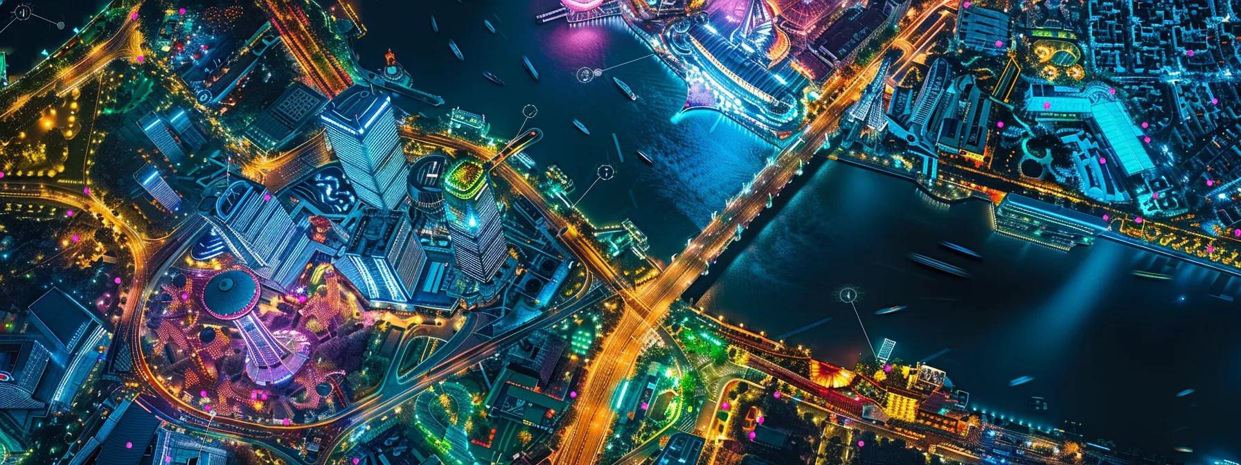 a vibrant aerial view of a colorful cityscape, showcasing iconic landmarks highlighted on a digital map, with winding streets marked by illuminated routes and suggested shortcuts for a seamless travel experience.