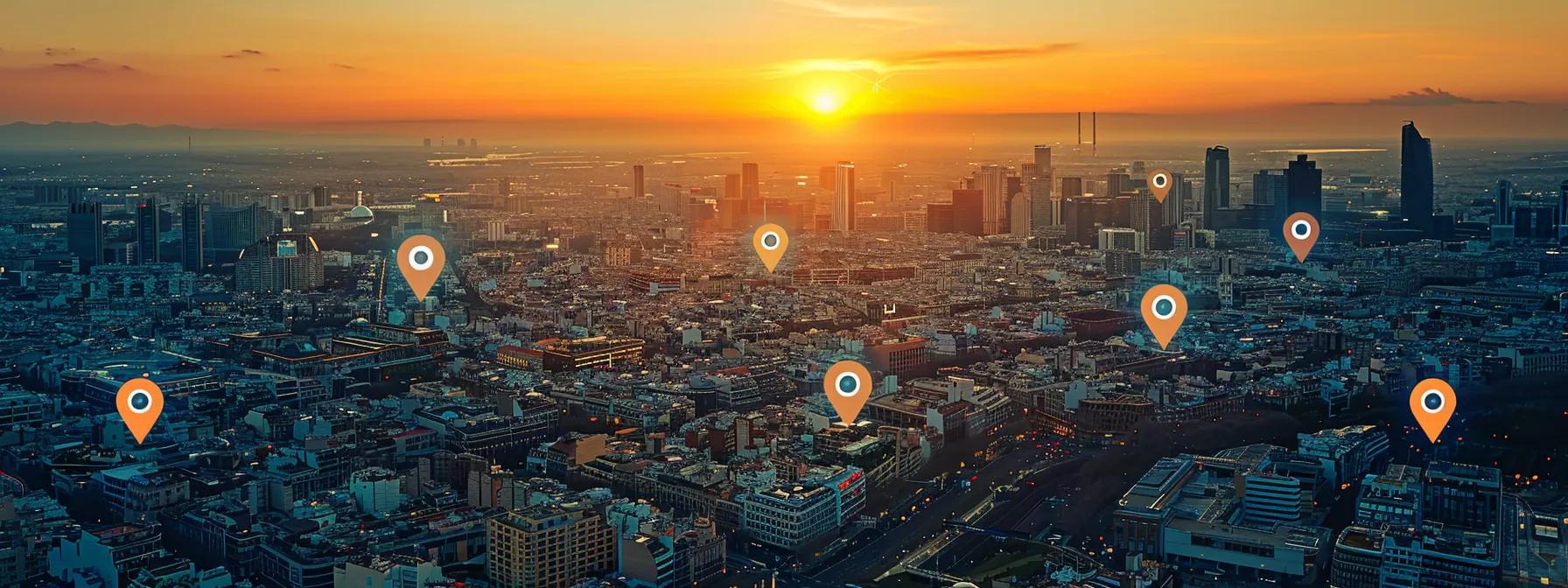 a vibrant aerial view of a bustling cityscape at sunset, showcasing a detailed google maps interface overlay with highlighted streets and iconic landmarks, emphasizing the seamless integration of navigation and exploration features.