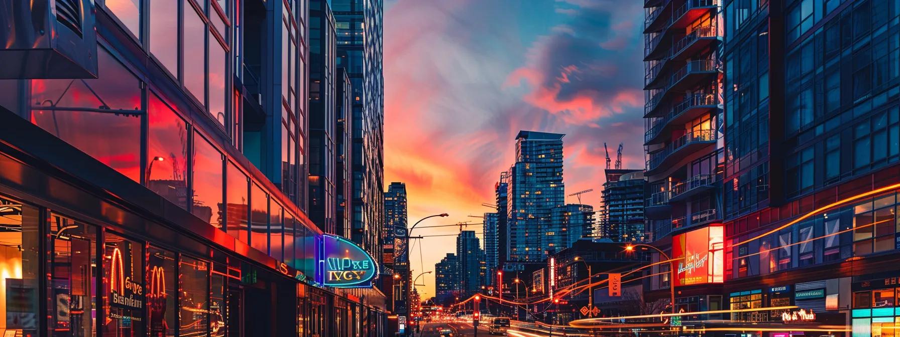 a vibrant cityscape at dusk showcases a bustling storefront illuminated by neon lights, symbolizing the power of google maps in enhancing business visibility and customer engagement.