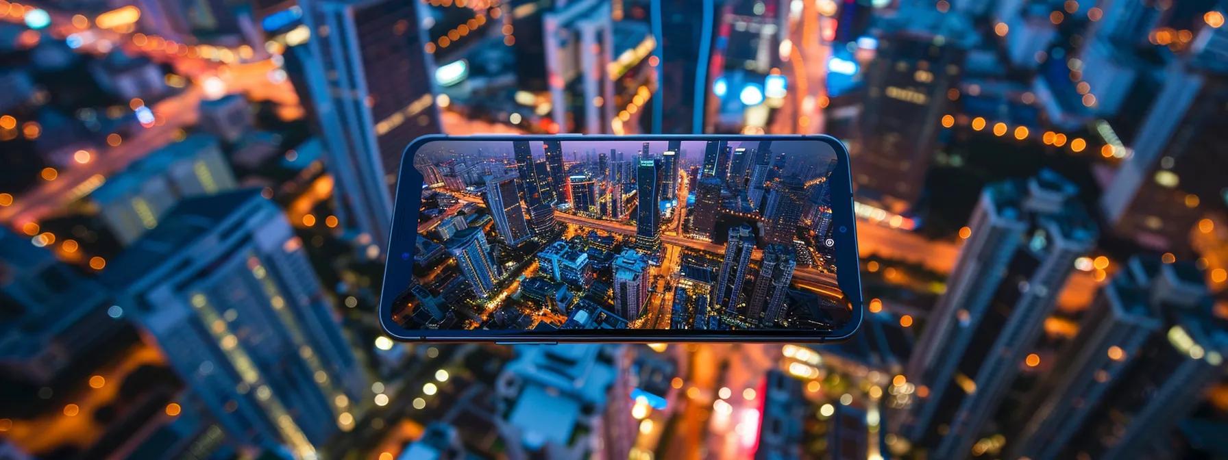 a vibrant cityscape at dusk, with a smartphone displaying a clear, accurate map overlay amidst the glowing lights of bustling streets, symbolizing seamless navigation and the thrill of exploration.