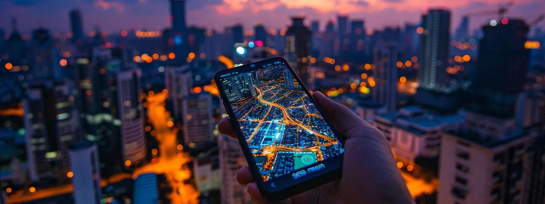 a vibrant cityscape at dusk showcases a glowing smartphone displaying google maps, with illuminated buildings in the background, symbolizing safety and connectivity through technology.