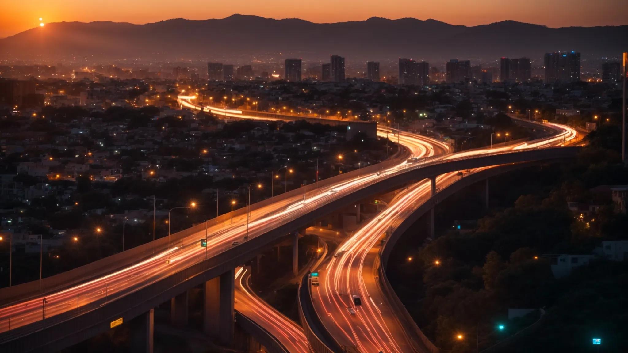 a vibrant cityscape at sunset, featuring a clear view of a winding road illuminated by streetlights, symbolizing a journey guided by google maps.