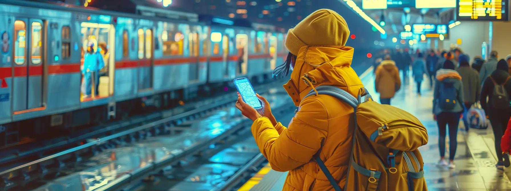 a vibrant traveler stands confidently at a bustling train station, smartphone in hand, displaying a detailed google maps interface, while the dynamic cityscape unfolds behind them, showcasing various transportation options and a sense of adventure.