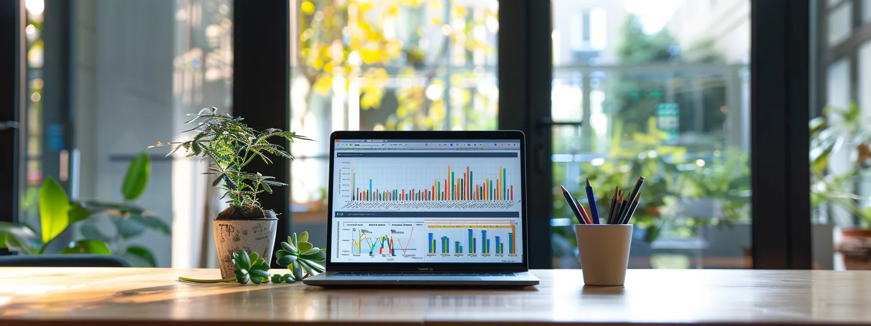 a dynamic, visually engaging workspace featuring a sleek laptop displaying vibrant graphs and analytics on reputation marketing, surrounded by a backdrop of glowing google reviews and a modern office atmosphere, illuminated by natural light streaming through large windows.