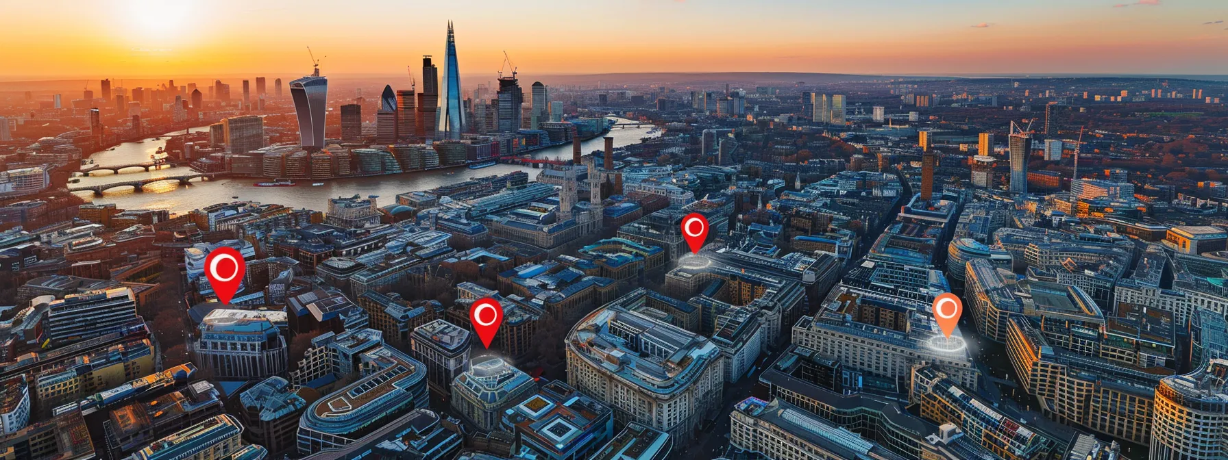 a vibrant aerial view of a bustling london skyline, with highlighted markers representing local businesses on a google maps interface, conveying the essence of effective google maps seo for customer engagement and visibility.