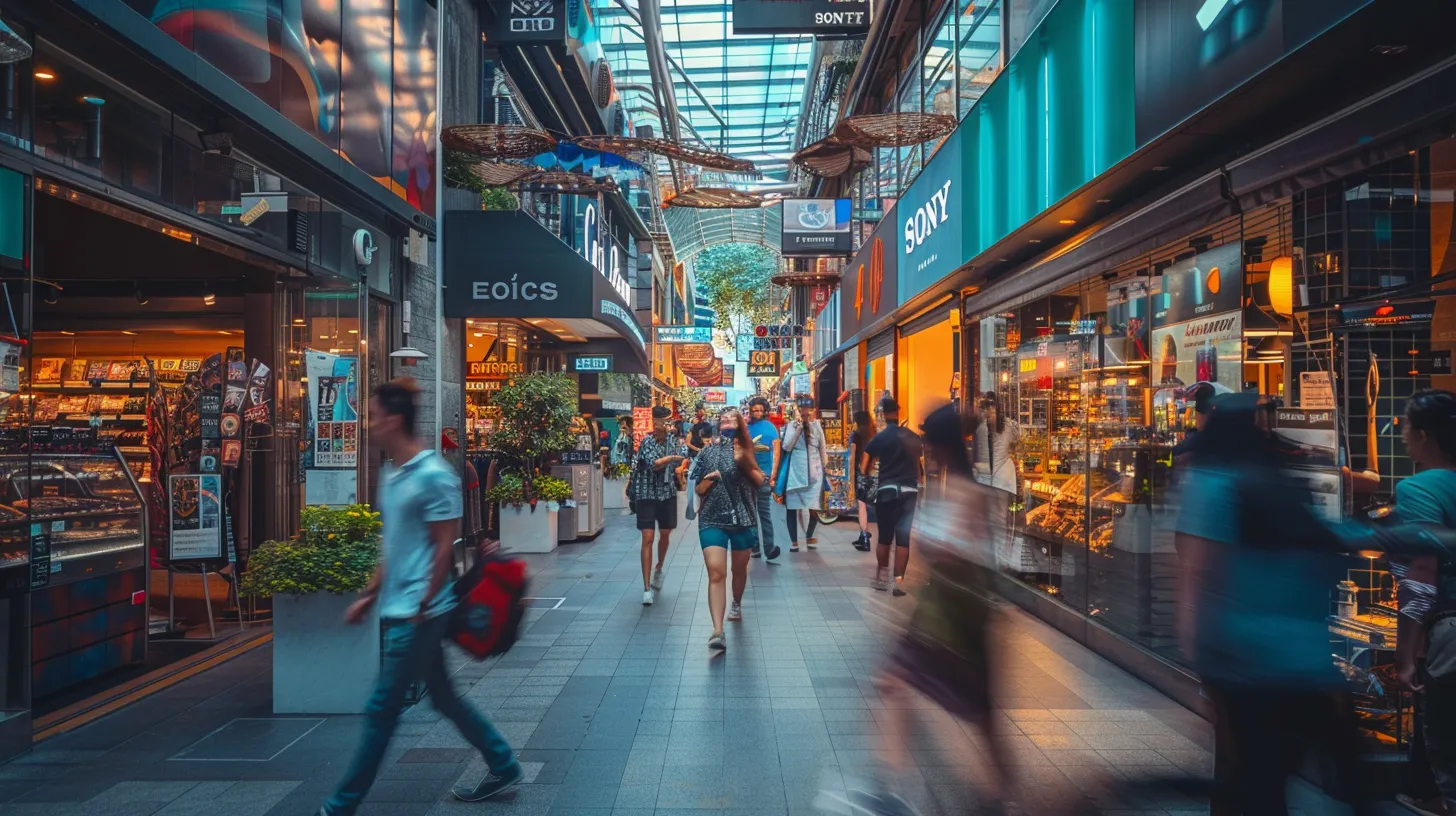 a vibrant, bustling local street scene showcases a diverse array of businesses, with clear signage and people engaging, symbolising the significance of local link building for enhanced visibility on google maps.