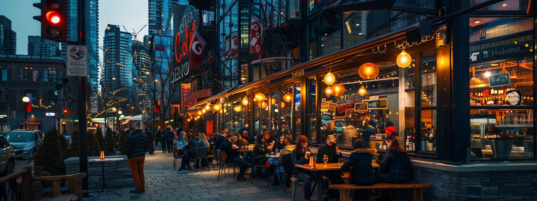 a vibrant cityscape at dusk showcases a bustling cafe adorned with glowing google reviews ratings, where diverse customers engage in lively conversation, reflecting the impact of online feedback on local business reputation and visibility.