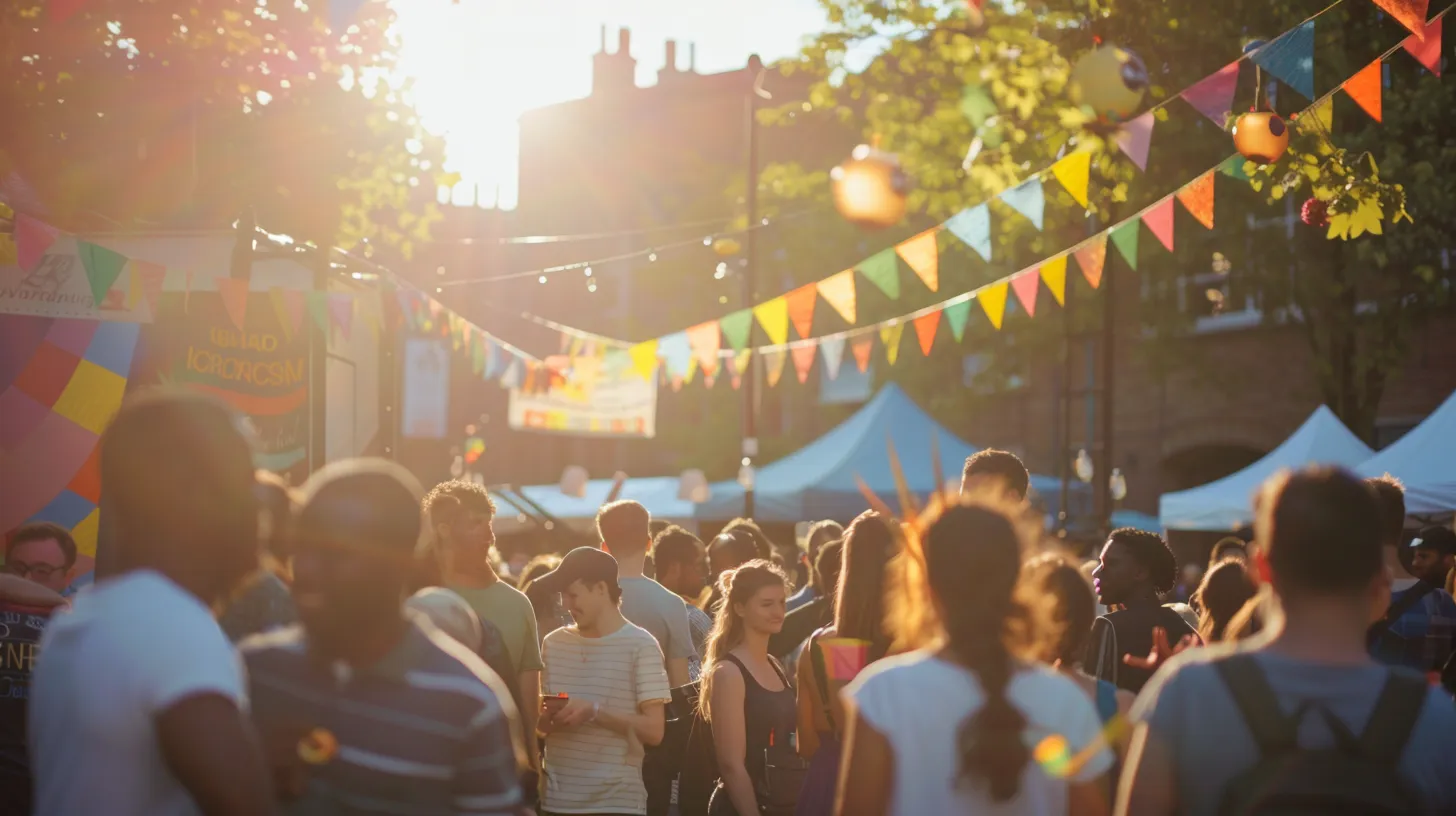 a vibrant local community gathering, filled with diverse individuals engaging around a colourful marketplace, showcasing banners of local businesses and collaborative organisations under warm, golden sunlight, emphasising the spirit of connection and local seo strategies.