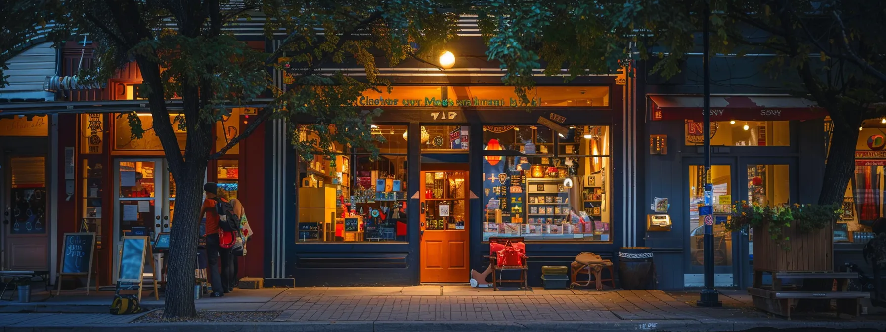 a vibrant small business storefront comes alive with glowing customer reviews displayed prominently, symbolizing growth and trust, under soft evening light, while passersby engage with the inviting atmosphere.