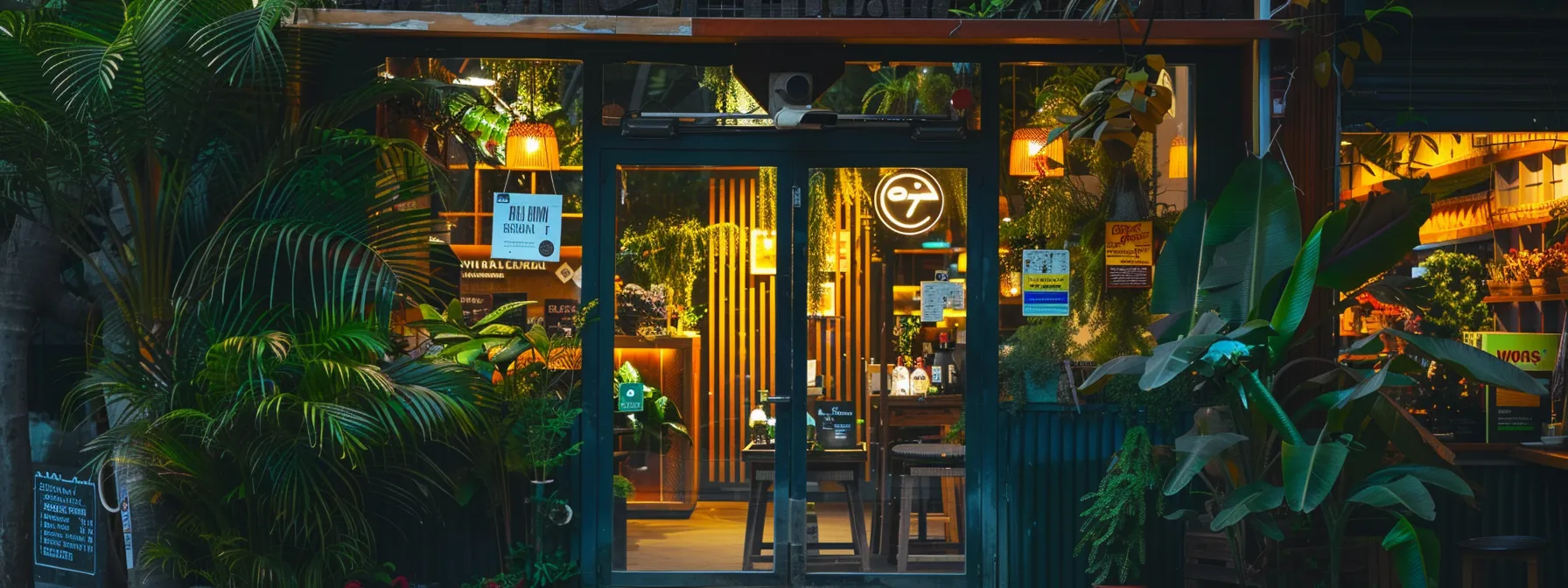 a vibrant storefront adorned with an eye-catching sign, flanked by lush greenery, exuding an inviting atmosphere under the warm glow of golden hour lighting, symbolising the essence of optimising a google business profile for maximum visibility.