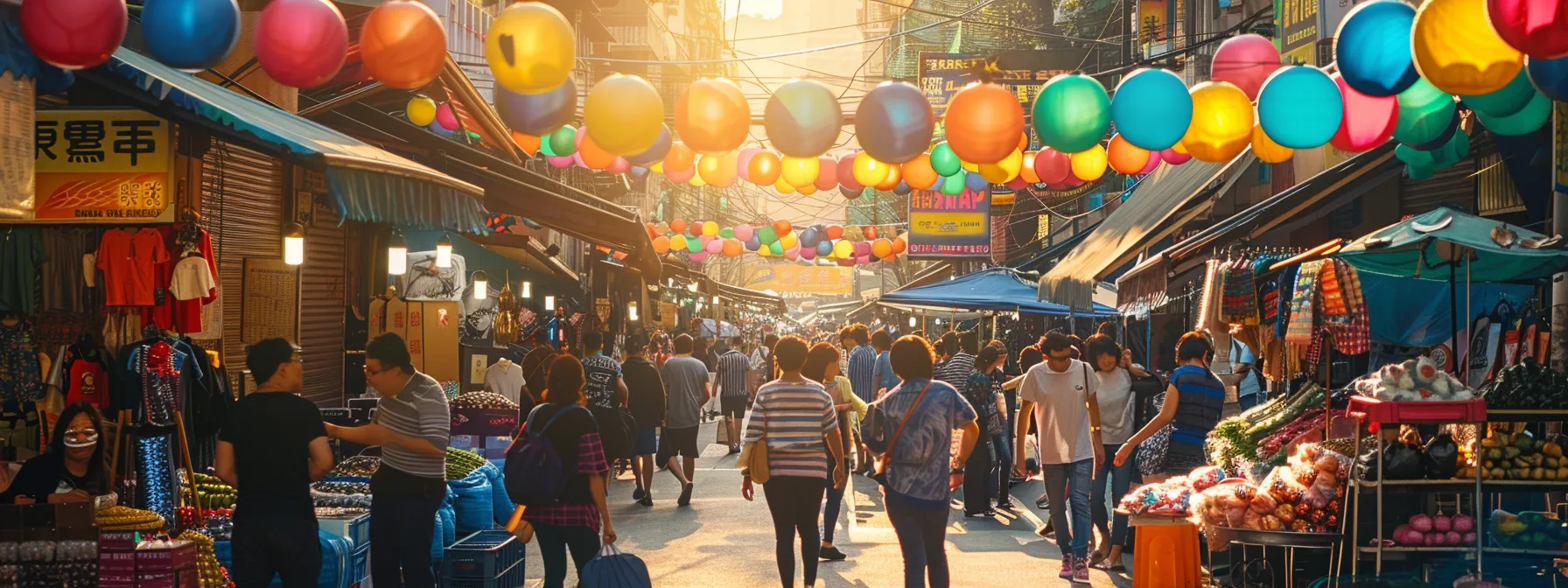 a vibrant street market bustling with activity, showcasing local vendors and community members engaging enthusiastically, set against a backdrop of colourful signage and geotagged location markers, illuminated by warm, golden sunlight.