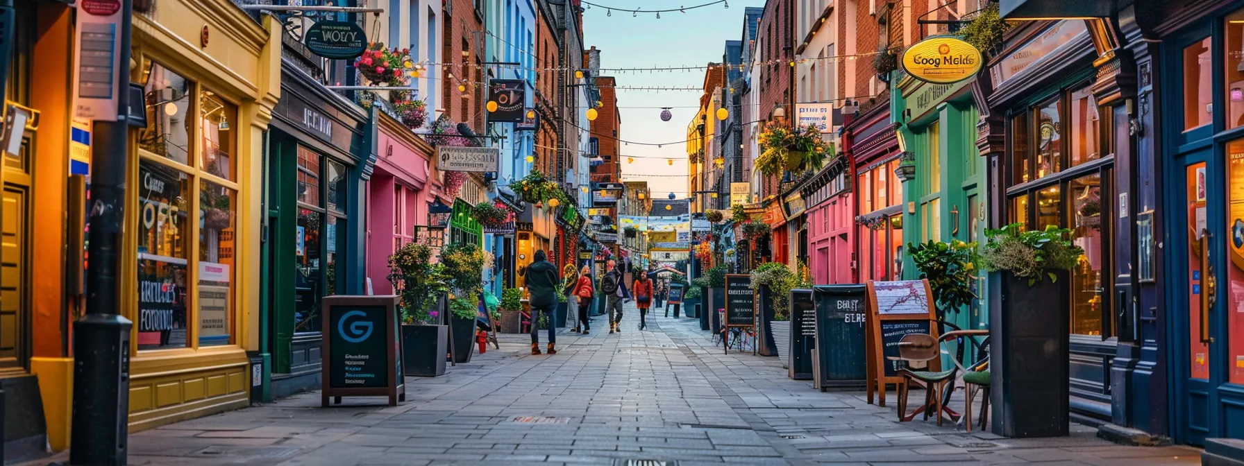 a vibrant street scene in ireland, bustling with local businesses, showcases colourful storefronts adorned with positive google reviews and the google maps logo subtly integrated, undersoft golden-hour lighting to evoke a sense of community success and engagement.