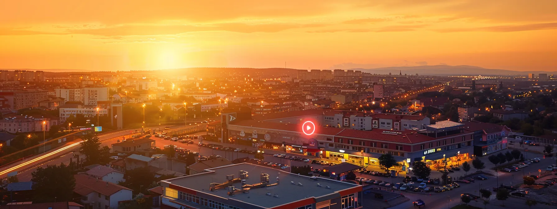 a vibrant urban landscape showcases a bustling local business prominently marked on a detailed google maps interface, with a radiant sunset illuminating the scene, emphasising the importance of google maps seo for attracting customers.