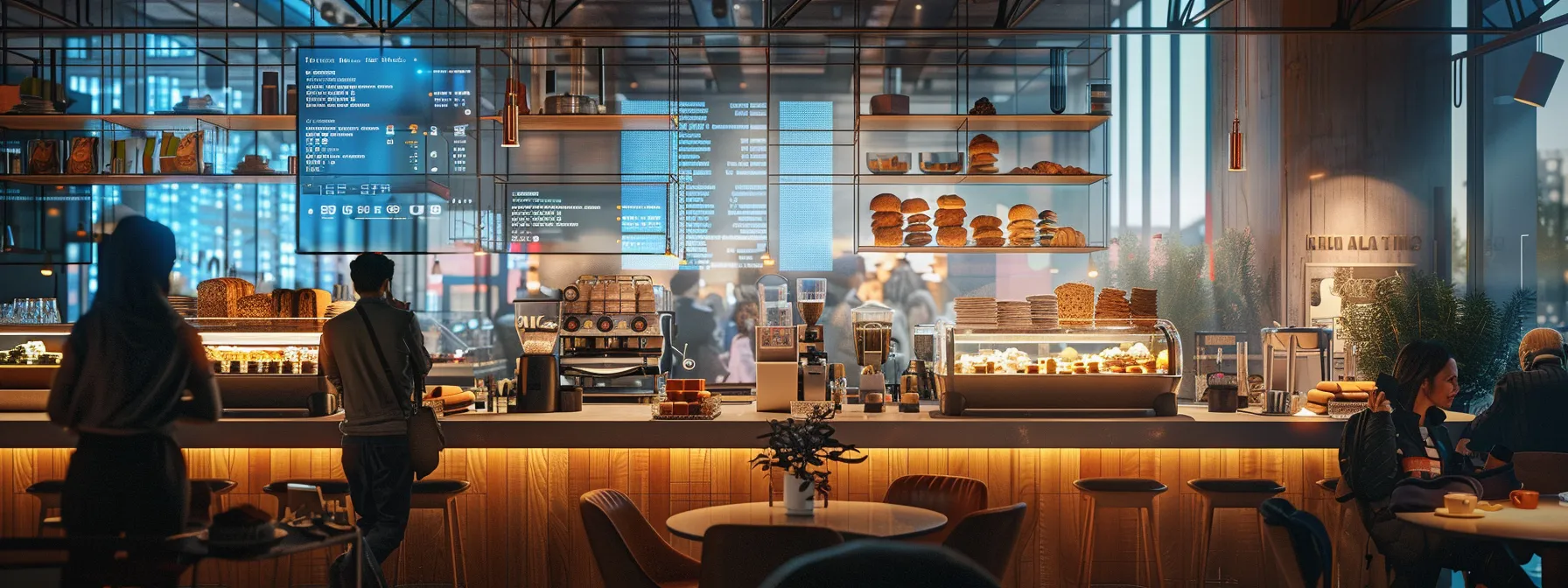 a sleek, modern café bustling with customers, adorned with vibrant displays of freshly baked goods, with a google maps interface overlay showcasing analytics and customer engagement metrics in a dynamic, engaging manner.