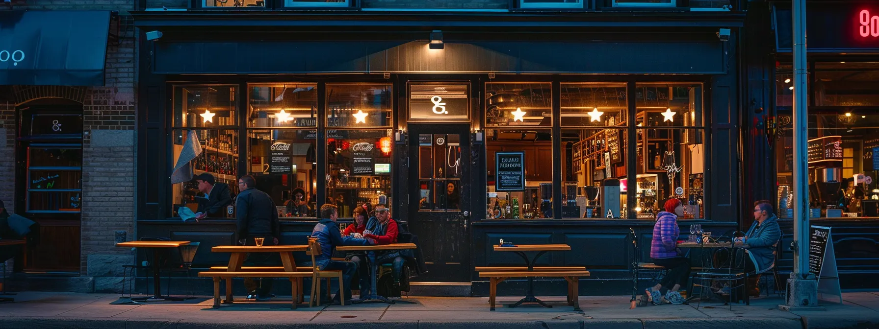 a vibrant cityscape at dusk showcases a bustling café with glowing google review stars prominently displayed in the window, symbolising the impact of online reputation marketing on local businesses.