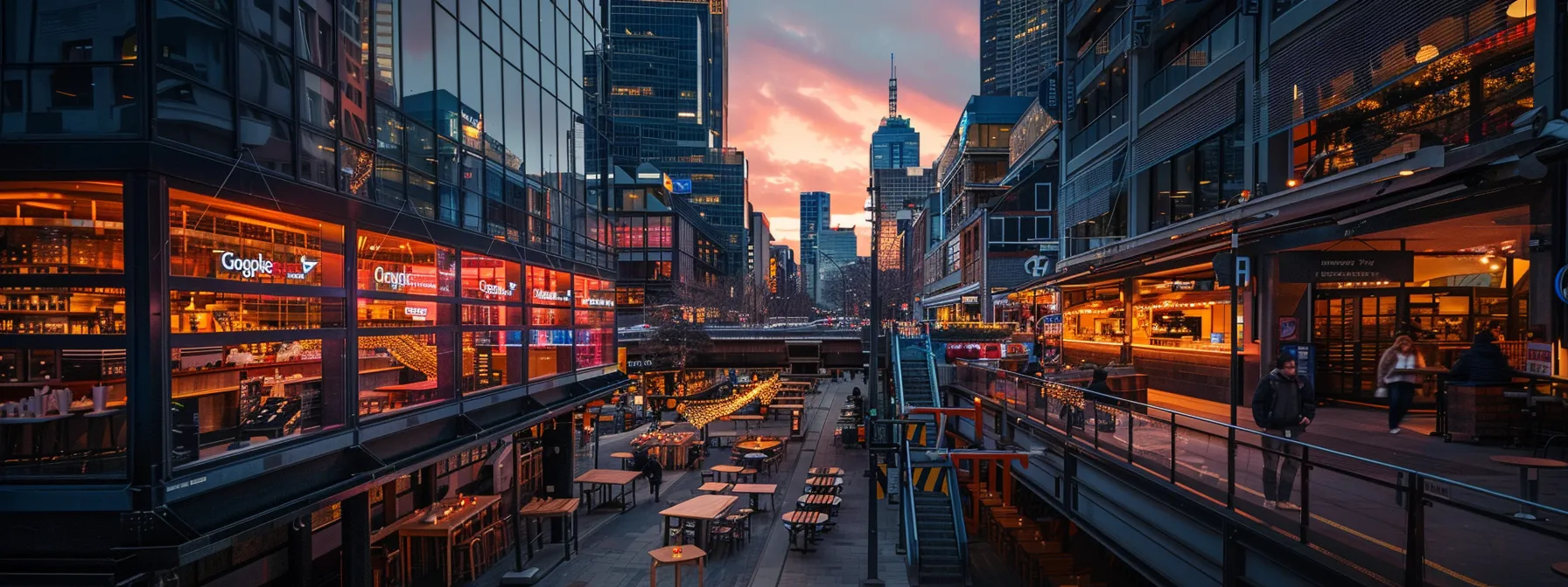 a vibrant cityscape showcases a bustling café adorned with glowing google reviews ratings, symbolising the impactful blend of reputation marketing and local brand recognition under a warm sunset glow.