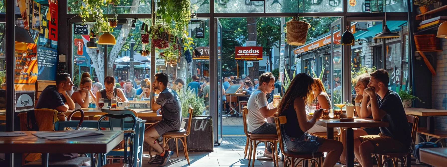 a vibrant urban scene showcases a bustling café with cheerful customers leaving glowing google reviews on their smartphones, surrounded by vivid, eye-catching branding and an inviting outdoor atmosphere.