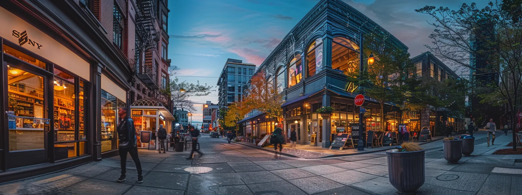 a vibrant cityscape at twilight showcases a bustling storefront adorned with positive google reviews, where digital performance metrics illuminate the evening, symbolizing the dynamic interplay between customer trust and local seo success.