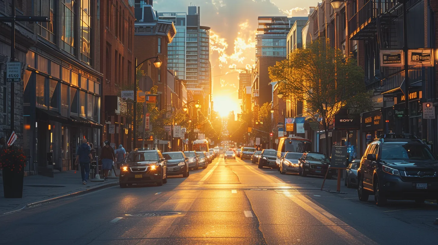 a vibrant cityscape during golden hour highlights a bustling street lined with local businesses, showcasing prominent google my business profiles with glowing reviews, inviting passers-by to explore their offerings.