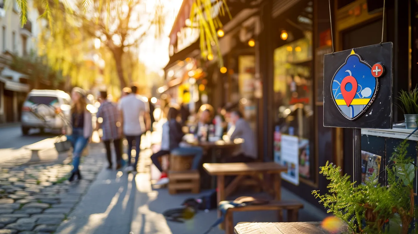 a vibrant scene of a bustling local business adorned with visible google maps features, showcasing a digital map embedded on a modern website and customers engaging enthusiastically, illuminated by warm, inviting sunlight that enhances the atmosphere.