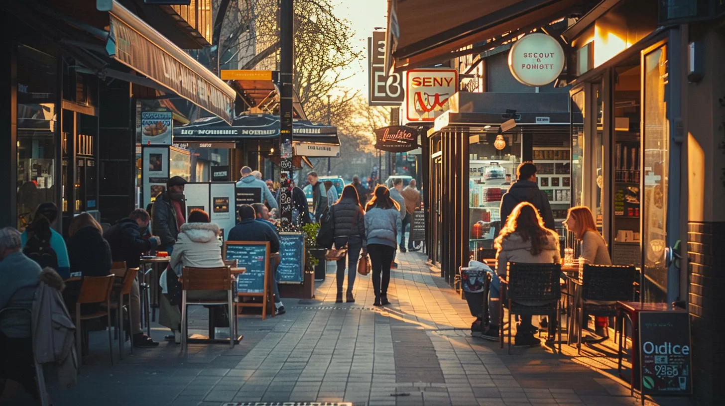 a vibrant street scene showcasing a bustling local business, adorned with eye-catching signage and customers engaged in conversation, under warm golden hour lighting to emphasise the community's connection and enhance the theme of local seo optimisation.