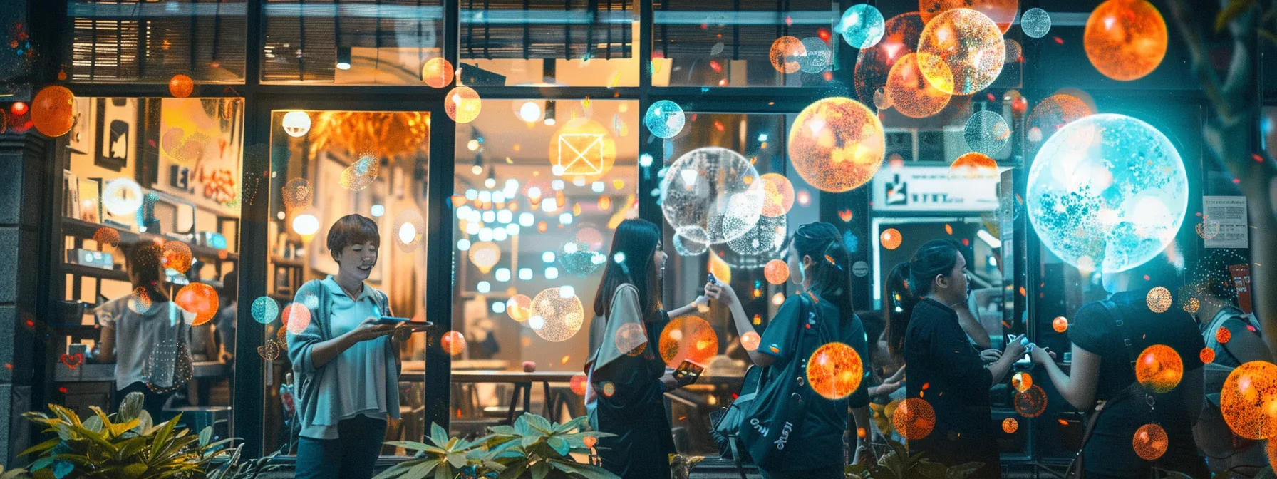 a visually captivating scene of a vibrant digital marketplace filled with diverse individuals engaging with their devices, showcasing glowing review stars and interconnected speech bubbles, symbolizing trust and authentic storytelling among brands and customers.