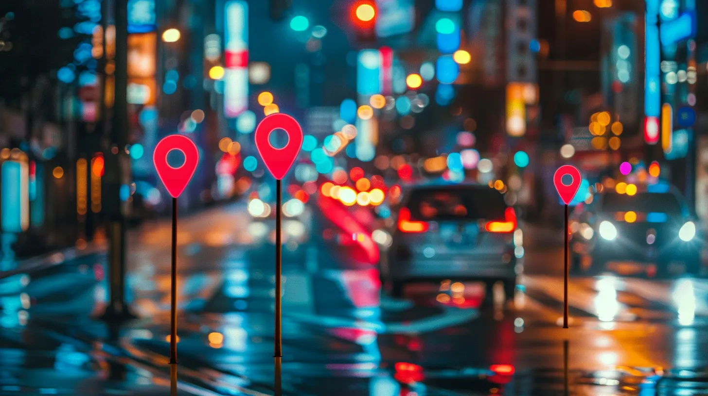 a vibrant cityscape at dusk, showcasing a bustling street filled with diverse businesses illuminated by glowing google maps pins, symbolising the dynamic nature of local seo and the impact of customer reviews on success.