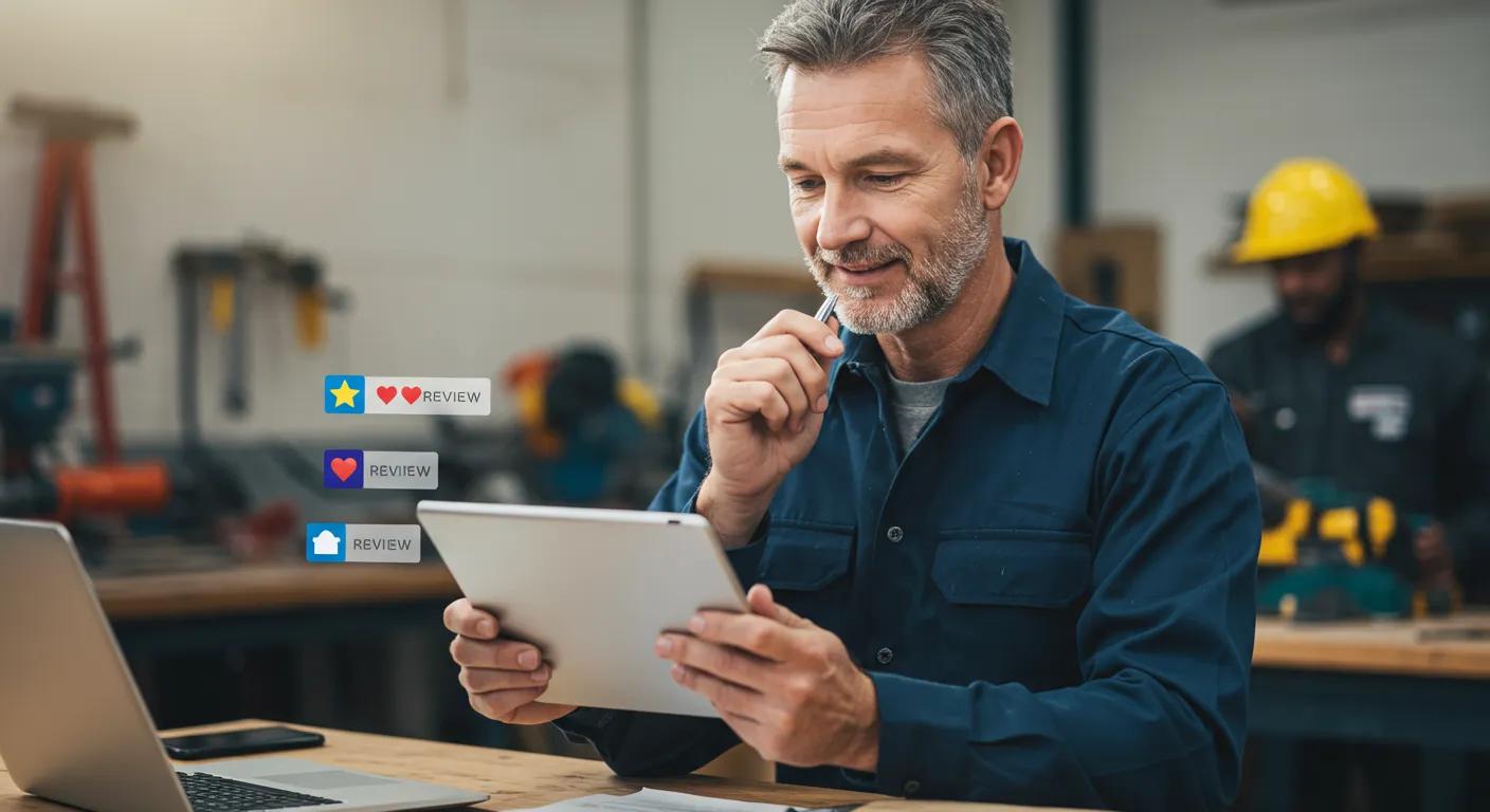 Tradesperson managing customer reviews to enhance trust