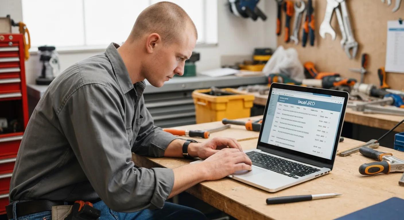 Tradesperson researching local keywords on a laptop — practical local SEO work in progress