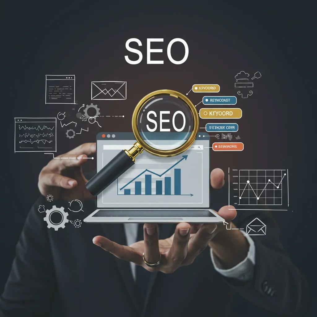 Illustration of SEO concepts with a magnifying glass, keywords, and growth graphs representing digital visibility