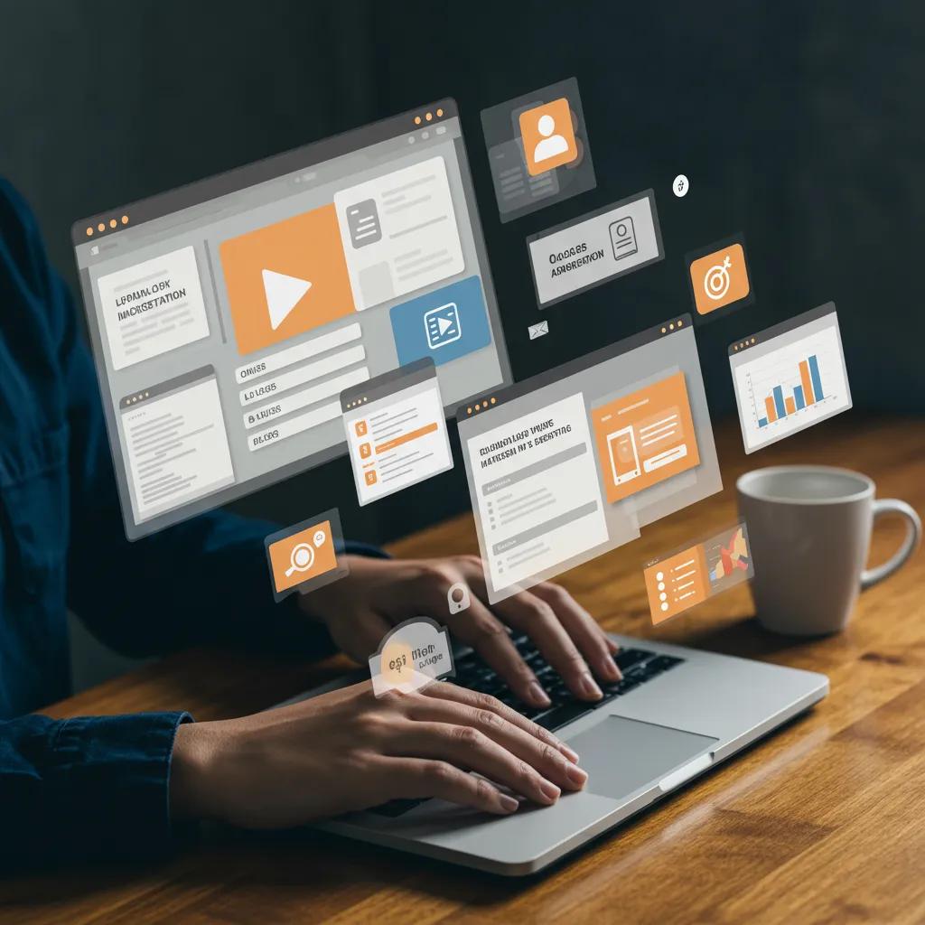 Person engaging with diverse content formats on a laptop, illustrating lead generation strategies in content marketing