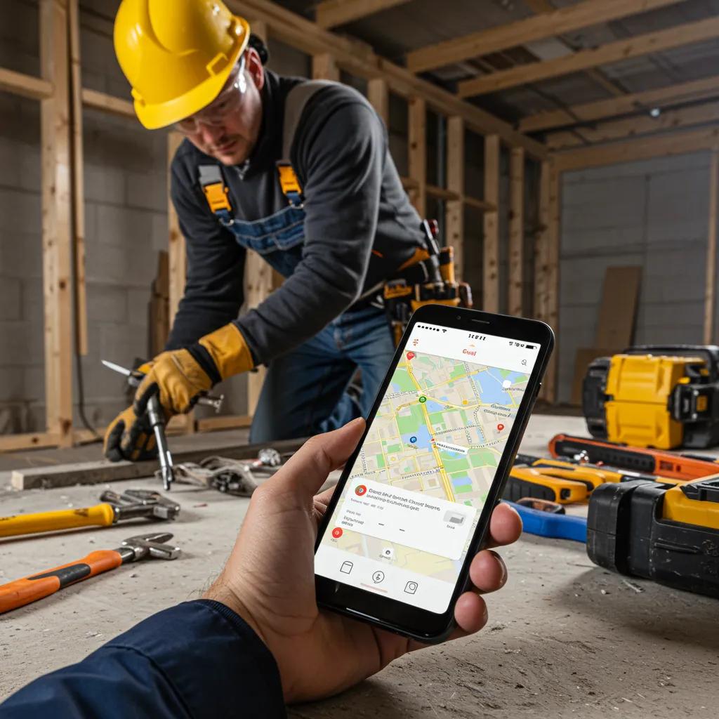 A tradesperson using a mobile device on a job site, navigating with Google Maps.